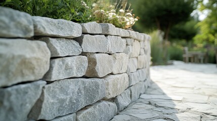 Mason building a stone wall in a garden. Featuring craftsmanship and precision