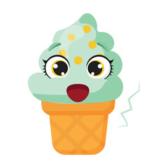 Bright mint ice cream with a cheerful face in waffle cone Playful summer dessert character for food packaging, social media, and seasonal advertising designs