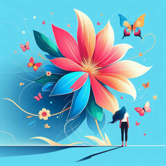 Whimsical Girl with Giant Colorful Flower and Butterflies in a Dreamy Sky