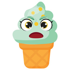 Mint ice cream cone with surprised face expression Ideal for dessert branding, summer menus, playful packaging, emotional food art, and eye-catching digital content