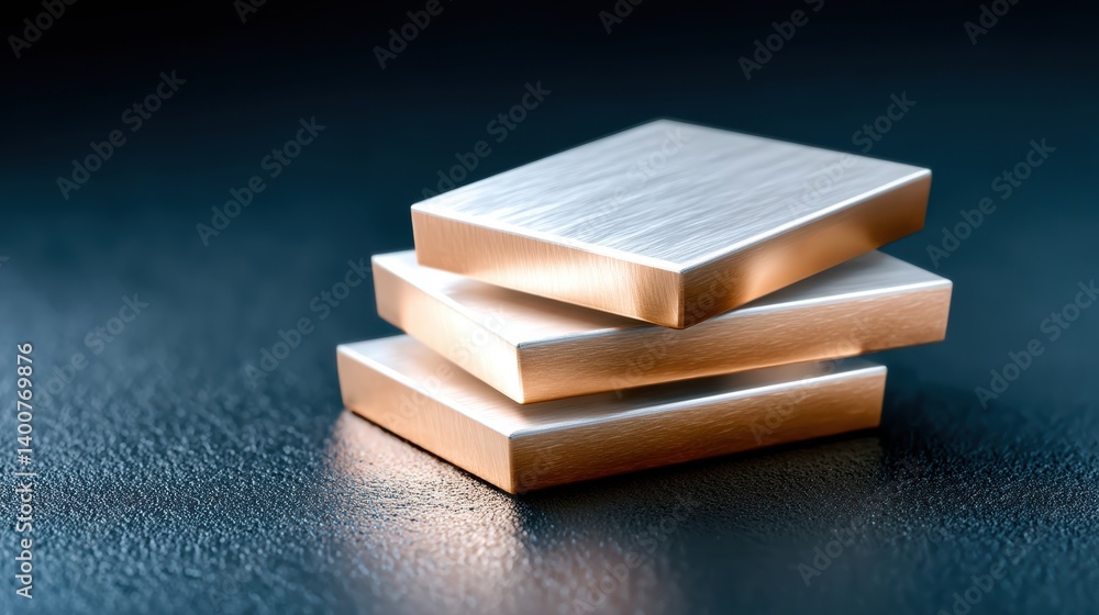 Poster a stack of polished rectangular metal sheets on a dark surface, reflecting light and showcasing a sm