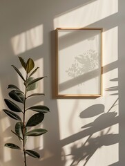 Sunlit Boho Wall Frame with Rubber Plant and Artistic Leaf Shadows in Minimal Decor Setting

