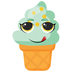 Mint ice cream in cone with cute face licking lips Playful dessert illustration great for packaging, menu decoration, and creative summer projects