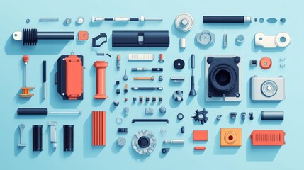 Flat Lay Mechanical Parts on Light Blue Background.  Possible use  Industrial Design Inspiration
