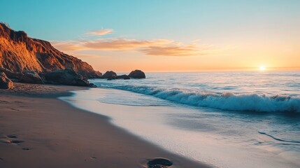 Fototapeta premium Golden Hour Coastal Serenity: Breathtaking Sunset Beachscape