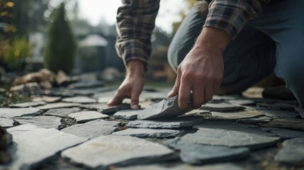 Mason creating a stone patio for an outdoor space. Featuring craftsmanship and design