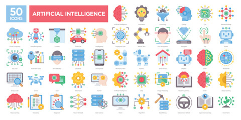 Artificial intelligence icons collection set, featuring machine learning, robotics, smart tech, and data science. Great for tech presentations, apps, and futuristic designs.