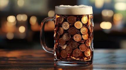 The Price of a Pint: Coins Filling a Beer Mug in a Cozy Pub Setting