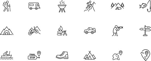 Fototapeta premium Outdoor adventure and camping outline icon set. Hiking, fishing, climbing, exploring nature, and other outdoor activities.