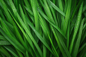 Grass with shimmering water droplets reflecting sunlight.