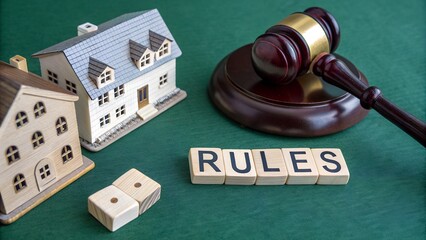 Blocks with the word Rules, a judge's gavel and miniature wooden houses. laws, regulations, and guidelines that govern the buying, selling, leasing, and managing of property. Flat lay