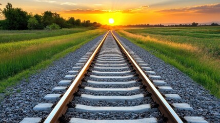 Fototapeta premium Railroad tracks leading towards the radiant sunset on a serene landscape