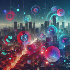 Futuristic Cityscape with Neon Data Overlays – Digital Art of Urban Technology and Network Visualization