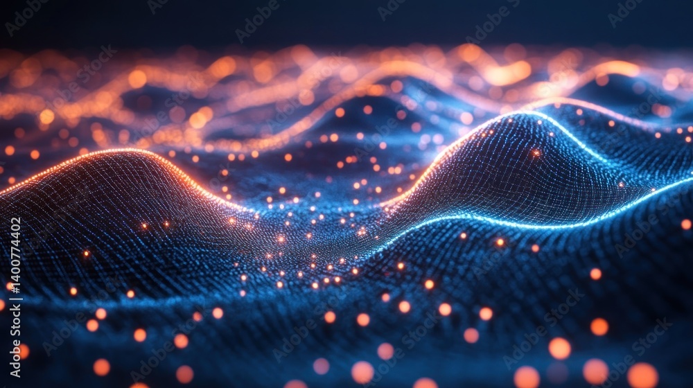 Poster abstract glowing waveform landscape with interconnected nodes representing network connectivity and data visualization in a futuristic environment
