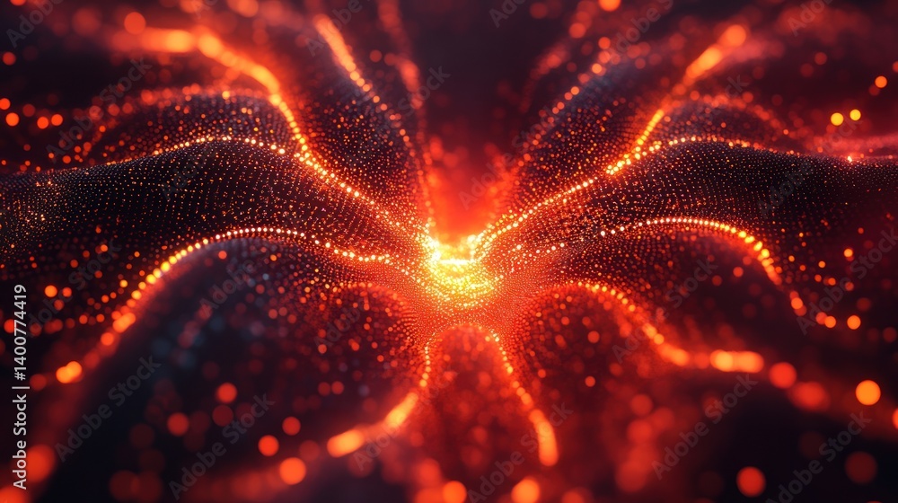 Poster abstract shimmering red and orange energy field undulating with glowing particles representing futur