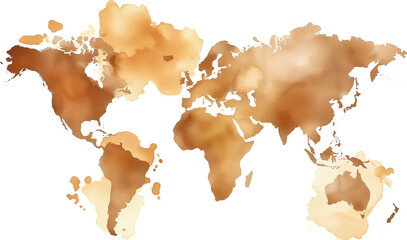 Colorful coffee stain paint world map on transparent background.