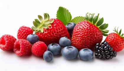 assorted berries including strawberries raspberries and blueberries isolated white background