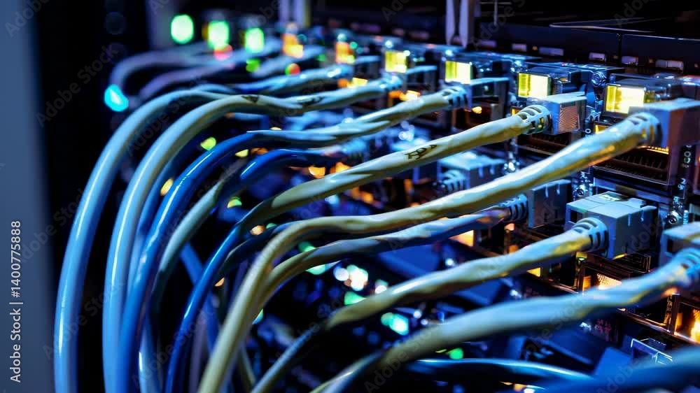Poster close-up, angled shot of network cables and server lights, capturing the dynamic and interconnected 