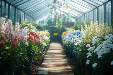 Lush greenhouse brimming with vibrant flowers.