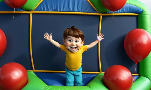 Boy with open arms inside a colorful bounce house