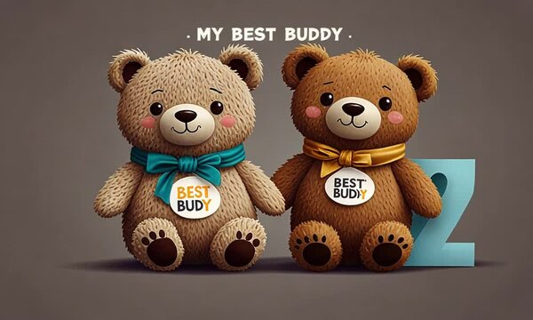 Two teddy bears with bows and best budy messages