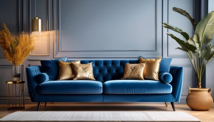 elegant blue sofa in luxurious living room with warm lighting and classic design pillow mockup template