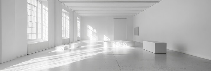 Fototapeta premium Empty white room with windows and light shining through. Cubes present.