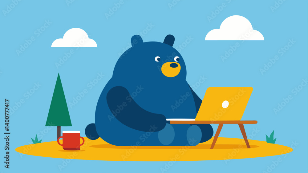 Poster picnic productivity a jovial bear with a chunky build is perched comfortably at a picnic table typin