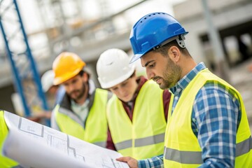Construction Team Reviews Blueprints on Site with Hard Hats and Safety Vests in Brightly Lit Environment