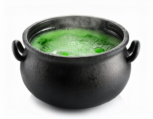 green potion brewing in a black cast iron witch cauldron isolated on white background
