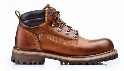 brown leather work boots with rugged soles isolated on white background