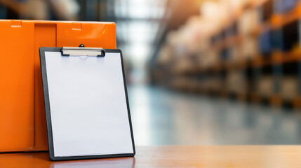 clipboard with blank form rests against orange box in warehouse setting