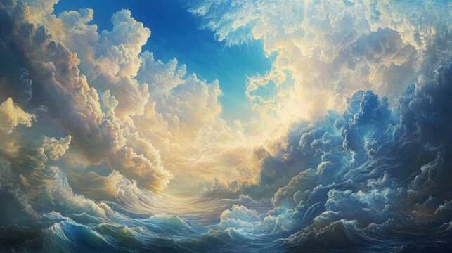 Stunning sky and water scene as clouds form and a divine hand divides the waters, creating firmament