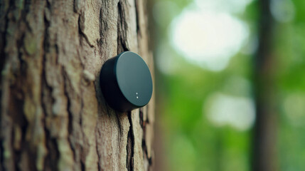 AI enabled sensor on tree trunk in forest, monitoring environment