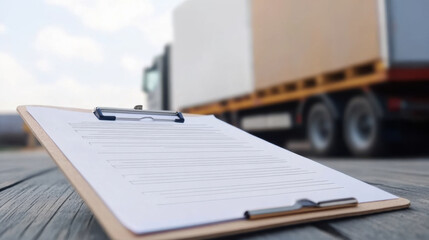 Clipboard with logistics form on wooden surface near truck, suggesting transportation audit