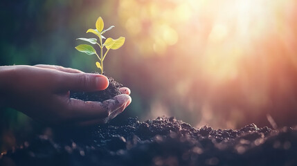 Fototapeta premium Hands holding a young plant on black soil with sunlight and bokeh background, perfect for World Environment Day or Earth Day banner design. Wide panorama with ample copy space for creative and eco-fri