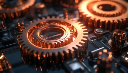 Metallic Gold Gears Interlock On A Sleek Dark Background, High-Tech Illustration With Copper Details