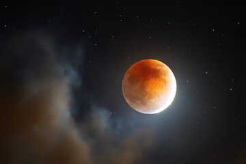 A vibrant, reddish-orange lunar eclipse dominates a clear night sky, casting an ethereal glow over the landscape and evoking a sense of wonder.