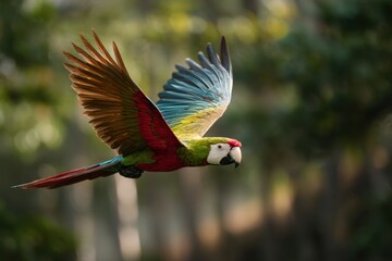 A vibrantly colored macaw soars through a lush, sun-dappled forest, showcasing the beauty of tropical wildlife in its natural habitat.