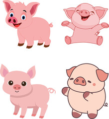 Four cartoon pig illustrations are depicted in different style.