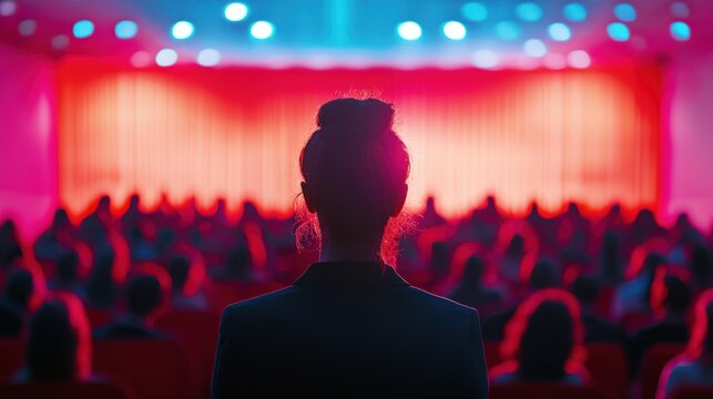 A person rehearsing their elevator pitch in front of an audience at a business event.
