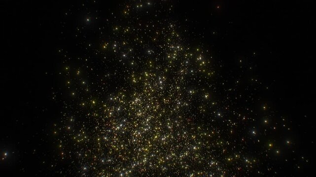 Confetti Gold Color Explosion from Bottom Center Slow Motion Black Background. Golden Dust Firecracker Flowing Isolated 3d Animation. Beautiful Sparkle Particles Close-up Design Element Concept 4k.