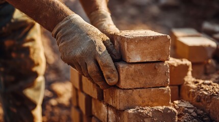 Mason stacking bricks to build a wall. Featuring craftsmanship and construction