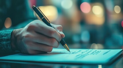 Handwriting a Note at Night, Close-up View