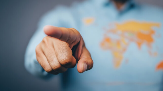 hand pointing forward with blurred world map in background, suggesting global trade focus