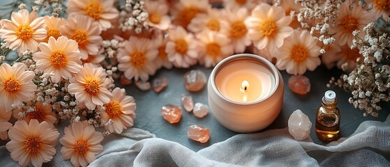 Wellness-themed flat lay with essential oils, crystals, candles, and dried flowers on a soft linen cloth, warm and calming lighting, panoramic, high-resolution shot.