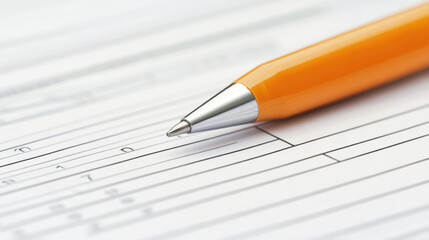 close up of orange pen resting on document with columns and numbers, suggesting organization