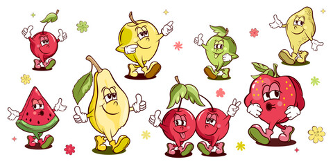cartoon set of fruits  groovy character, summer fruit stickers