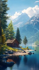 Fototapeta premium Serene Cabin Landscape Log House, Mountains, Lake, Trees, Peaceful Nature View