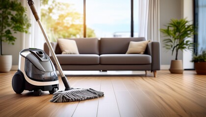 vacuum cleaner and mop on wooden floor in modern living room with blurred background of home interior depicting cleaning tools copy space concept for a cleaning service or housecleaning business